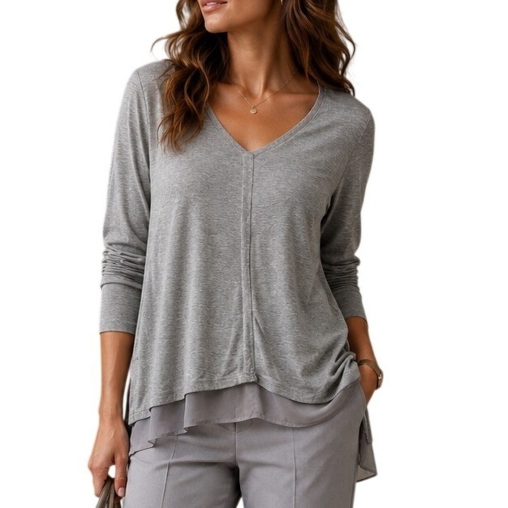 White House Black Market Gray Layered Hem V-Neck Long Sleeve Top Small